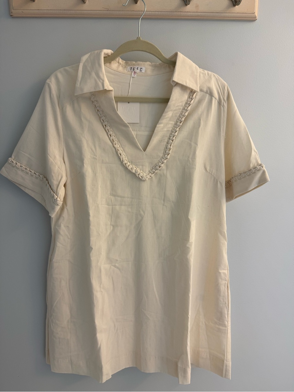 TCEC Cream Braided V-Neck Short Sleeve Dress
